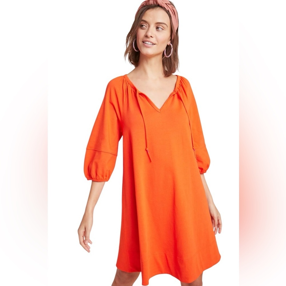 Anthropologie - NWT Anais Orange Tunic Dress Puff Sleeve Tie Neck Sz S